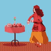 a woman in a red coat is standing near a table with a cake vector
