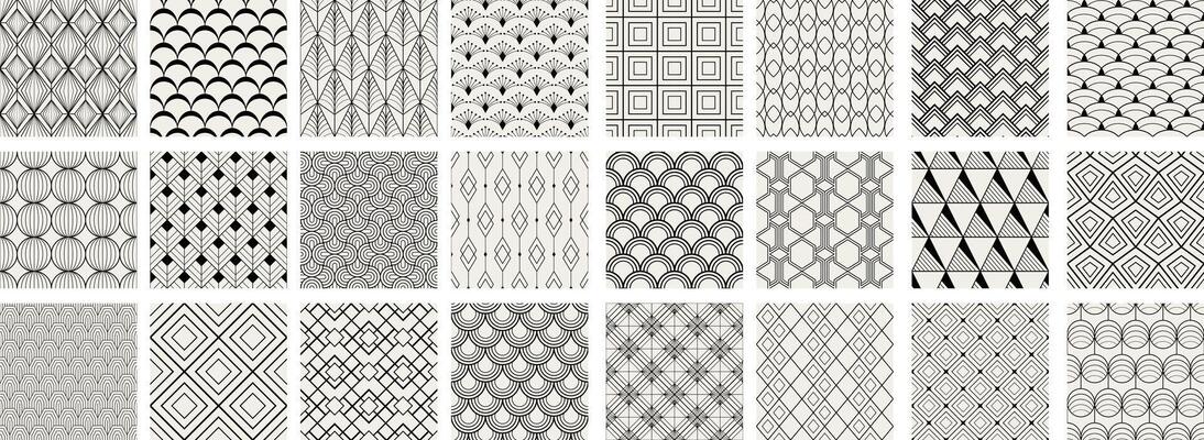 Collection of art deco seamless ornamental geometric patterns - black and beige design. Repeatable oriental monochrome backgrounds. Decorative elegant prints