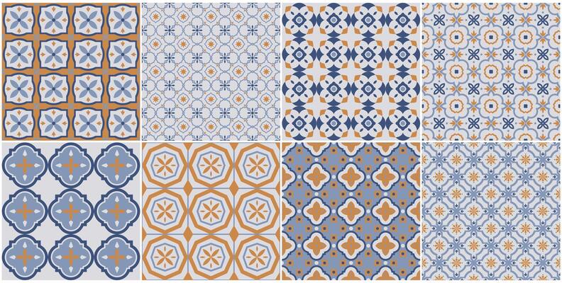 Collection of seamless geometric mosaic patterns - trendy color tile textures. Decorative bright ornamental backgrounds. repeatable prints