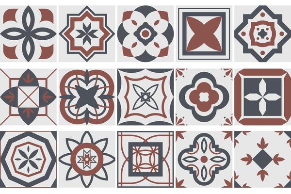 Collection of seamless geometric mosaic patterns - trendy color tile textures. Decorative ornamental backgrounds. repeatable tileable prints