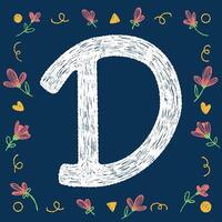 Playful hand-drawn chalk textured uppercase letter D with decorative elements on a blue background, ideal for educational and creative design projects. vector