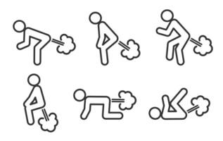 Stick man Farting icon symbol. Humor fart blowing wind sign logo. Human figure various postures. Line art illustration image. Isolated on white background. vector