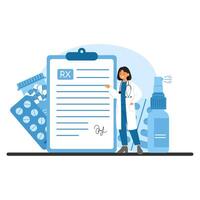 Doctor presenting a prescription document with pills and a spray bottle, representing modern treatment methods and healthcare support vector