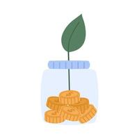 A jar of coins with a stack of coins, sprouting stem. Stack of savings coins. Saving money concept vector