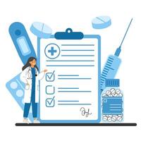 Physician showcasing a prescription clipboard, with tablets and medicine bottles in the background. Online healthcare concept vector