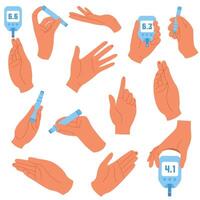 Diabetes controlling concept set with hands. Collection of human hands with puncture, glucometer, insulin pump. Hands hold various diabetes devices vector