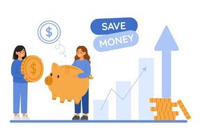 Economic growth concept. Two women put coin into a piggy bank. Investment strategies and increasing savings vector