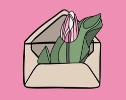 An envelope cradles a pink tulip with lush green leaves, creating a charming display of natures beauty vector
