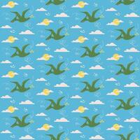 Seamless pattern with cute dino, flying dinosaur Pterodactyl with sun and clouds, abstract children background vector