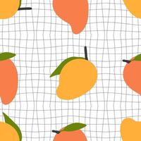 Groovy style mango seamless pattern on grid distorted background. Perfect print for fabric, paper, textile. Hand drawn illustration. vector