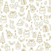 Merry Christmas Happy New Year seamless background pattern. Beautiful pattern for a luxurious gift wrapping paper, greeting cards. illustration doodles, thin line art sketch icons style concept vector