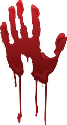 Dripping bloody handprint against white background symbolizing violence, murder, or horror, perfect for halloween or crime scenes