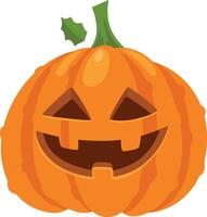Festive halloween pumpkin showing a cheerful carved face, featuring triangular eyes and a wide, toothy grin, complete with a green stem and leaf vector