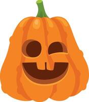 Funny winking pumpkin adds halloween cheer to decorations, perfect for parties. Its vibrant orange color pops against a white background, creating a playful and spooky vibe vector