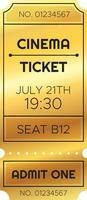 Golden cinema ticket for a movie showing on july 21th at 19,30, seat b12, admitting one person, with ticket number 01234567 vector