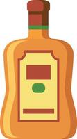 Cartoon style illustration featuring a bottle filled with a golden liquid, possibly an alcoholic beverage like whiskey or rum, with a blank label and a distinctive shape vector