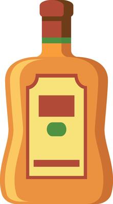 Cartoon style illustration featuring a bottle filled with a golden liquid, possibly an alcoholic beverage like whiskey or rum, with a blank label and a distinctive shape