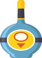 Cartoon illustration of a blue bottle of liquor with a yellow label featuring a circle and a downward pointing triangle, topped with a yellow cap and black neck vector