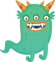Cartoon illustration of a funny green three eyed monster smiling and showing its teeth, ideal for children's illustrations, halloween designs, or any project that needs a touch of whimsy vector