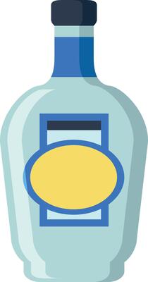 Light blue glass bottle containing liquor, featuring a generic yellow and blue label and sealed with a dark blue cap, presented against a white backdrop