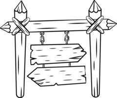 Wooden signpost with hanging signs and pencil shaped posts tied with rope, creating a rustic and whimsical design, perfect for adding a touch of charm to any project vector