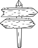 Two weathered wooden arrow signs pointing in opposite directions are attached to a post with a pencil on top, creating a simple yet effective wayfinding tool vector