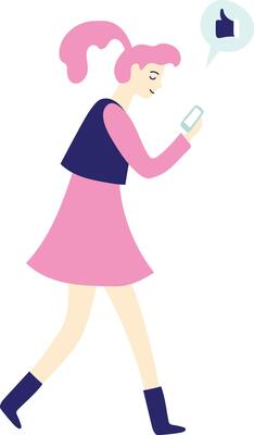 Stylish young woman with pink hair is walking and using her mobile phone, with a like notification appearing above, representing social media approval and engagement