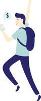 Happy student with backpack checking his phone and celebrating receiving money online, jumping with one arm raised and dollar sign appearing in a speech bubble vector