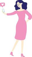 Stylish influencer takes a selfie, a heart icon floating above her phone, symbolizing online affection and engagement vector