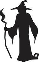 Black silhouette of a wizard wearing a pointed hat and holding a magic staff with a lightning bolt on top, creating a mysterious and magical atmosphere vector