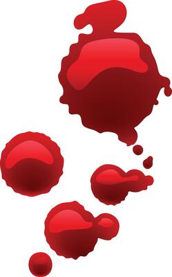 Several dripping blood drops are creating a blood stain on a white background, ideal for medical, crime, or horror themed projects