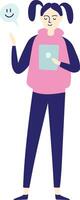 Young woman is holding tablet and gesturing with her hand while positive emoji is appearing in speech bubble, expressing satisfaction with online communication vector