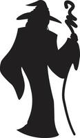 Black silhouette of a wizard wearing a long robe and pointy hat, holding a magic staff with a spiral top, conveying a sense of mystery and power vector