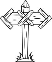 Wooden signpost with crossed planks and pencil on top, planted on grass patch, symbolizing no way forward and cancelled plans vector