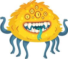 Funny hairy cartoon monster with multiple eyes, sharp teeth and long tongue sticking out, standing on spider legs, isolated on white background vector