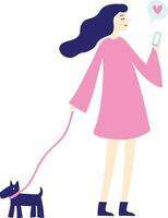 Joyful woman in a pink dress walks in the park with her dog, reading a love message on her smartphone, showing happiness and connection vector