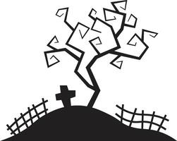 Creepy tree growing on a small hill with a tombstone and a wooden fence silhouette, creating a spooky scenery perfect for halloween projects vector