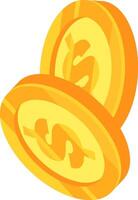 Two shiny gold coins are rotating, displaying the dollar symbol, representing concepts of wealth, investment, savings, and financial success vector