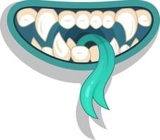 Cartoon illustration of a scary monster mouth with sharp teeth and a long green tongue hanging out, ideal for halloween or fantasy projects vector