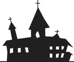 Black silhouette of a creepy and mysterious church with crosses and pointed roofs creates a spooky atmosphere, perfect for halloween projects or any design needing a touch of gothic horror vector
