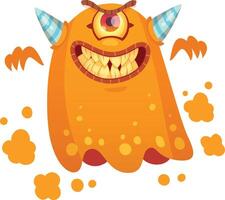 Cartoon illustration of an orange one eyed flying monster with big teeth, horns and angry facial expression, attacking and emanating orange particles vector