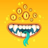 Colorful cartoon of a funny monster face with many eyes, big teeth, and a turquoise tongue, perfect for halloween or fantasy designs vector