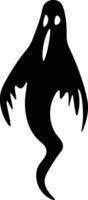 Black silhouette of a spooky ghost floating with an open mouth, waving arms, and a flowing tail, perfect for halloween decorations or spooky designs vector