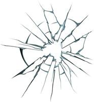 Cracked glass with a hole in center is radiating cracks outwards, creating a dramatic visual effect against a clean white backdrop, perfect for illustrating concepts of damage, stress, or impact vector