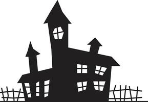 Black silhouette of a spooky haunted house with crooked fence and lit windows is perfect for halloween themes, creating a creepy and mysterious atmosphere vector