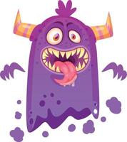 Funny purple cartoon monster sticking its tongue out, showing sharp teeth and open mouth, with orange and yellow horns and purple spots, ideal for halloween projects vector