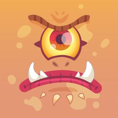 Cartoon illustration of a one eyed monster face with angry expression, showing sharp teeth and big red eye, ideal for halloween or fantasy projects