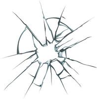 Broken glass featuring radial cracks emanating from a central hole, creating a dramatic visual effect against a white background, suitable for various design applications vector
