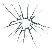 Sharp cracks radiating outwards from a hole in a broken pane of glass creating a dramatic and dangerous image of damage and destruction on white background vector