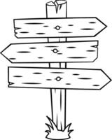Cartoon drawing of an empty wooden signpost with three arrows pointing left, right, and forward, offering multiple choices and decisions vector